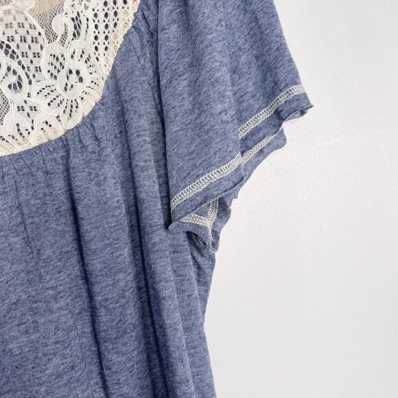 New Hem & Thread Small S Blue Cream Lace Yoke Burnout Short Sleeve Tee Cotton - Picture 6 of 10